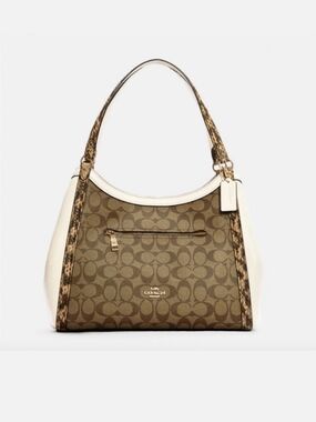 Coach Kristi Signature Shoulder Bag in Brown and Cream With Snakeskin Trim